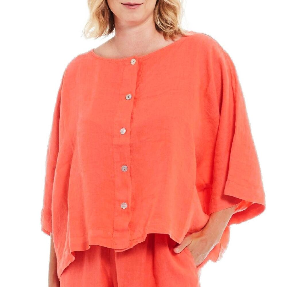 BRYN WALKER Ebba Orange Linen Button Up Oversized Boxy Top XS  Kimono Cardi